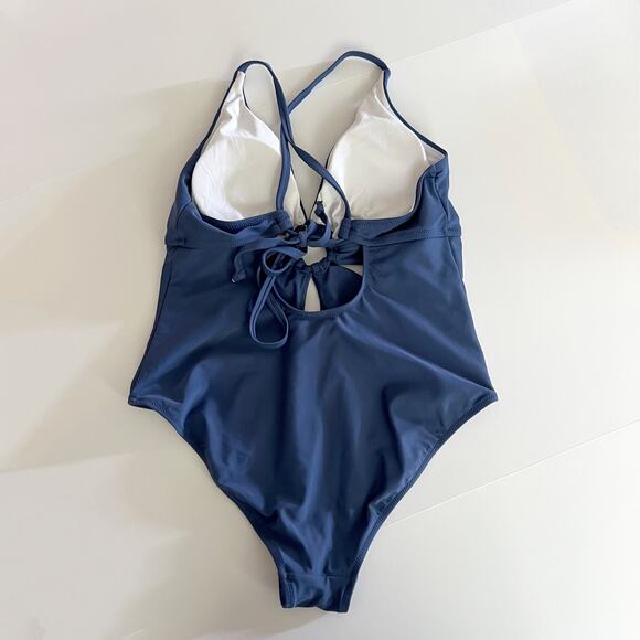 [Sociala] Blue One Piece Cutout O-Ring Tie Back Swimsuit V-Neck Size Large L - Picture 4 of 10